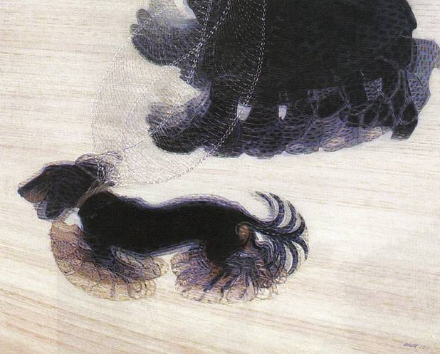 Dinamismo di un Cane al Guinzaglio, oil on canvas, 95.57 x 115.57 cm (37 5/8 x 45 1/2 in.).  Giacomo Balla, 1912.  SOURCE: Albright-Knox Art Gallery